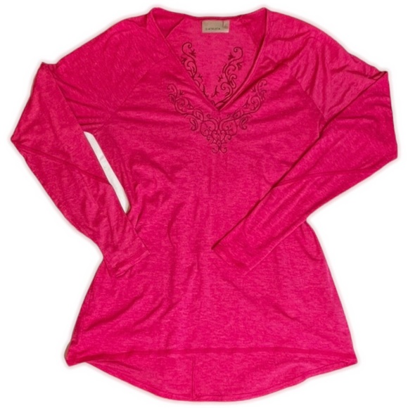 Athleta Top Embroidered Long Sleeve T-shirt Rouched Detail Heathered Dark Pink - Picture 2 of 11